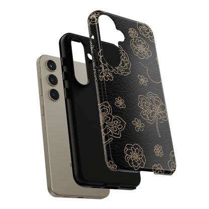 Floral Leather-Texture Tough Case – Black Gold Outline Phone Cover