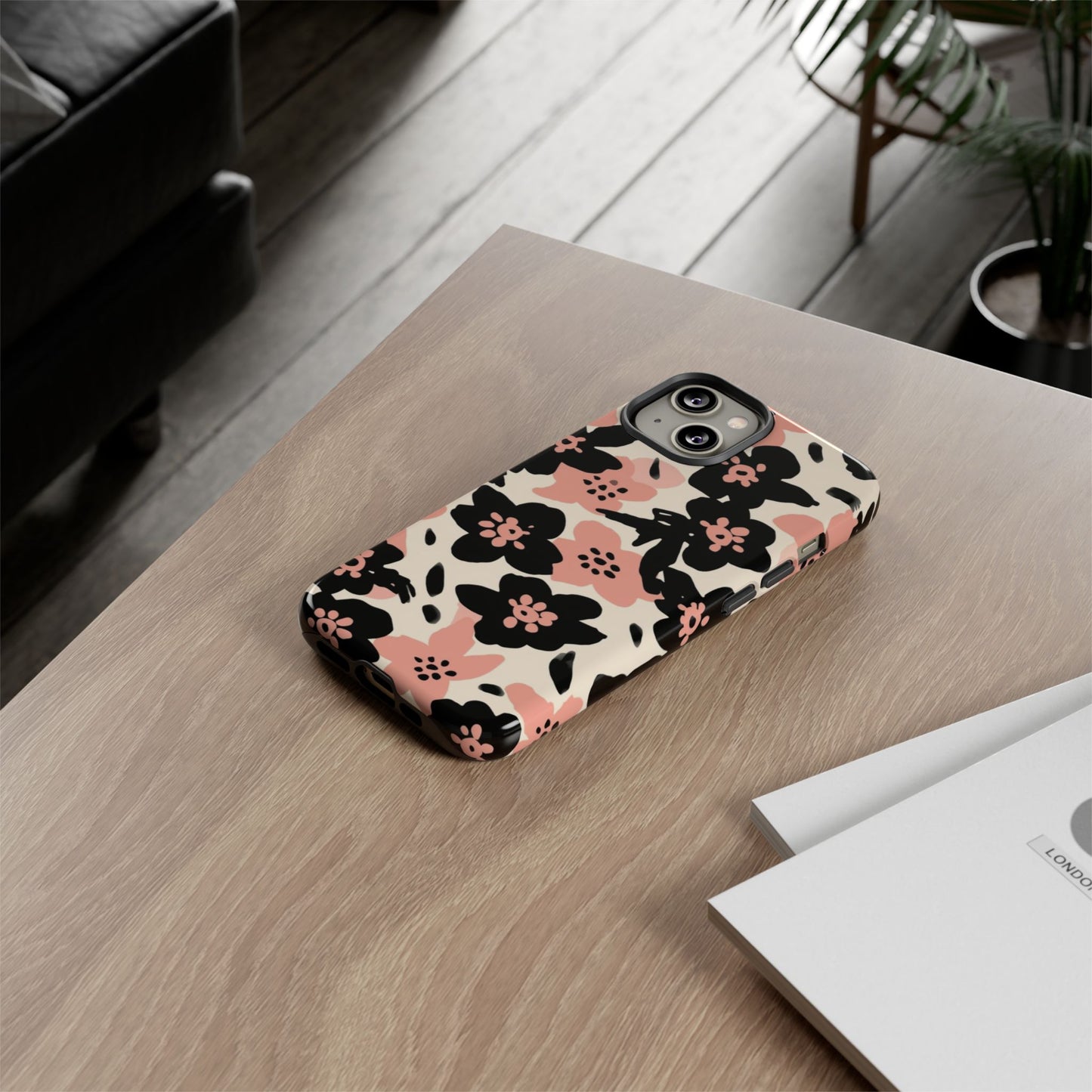 Floral Phone Case — Pink & Black Retro Blossom Protective Cover