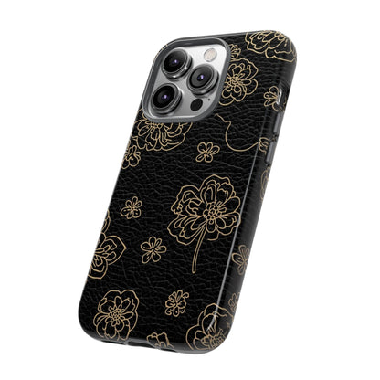 Floral Leather-Texture Tough Case – Black Gold Outline Phone Cover