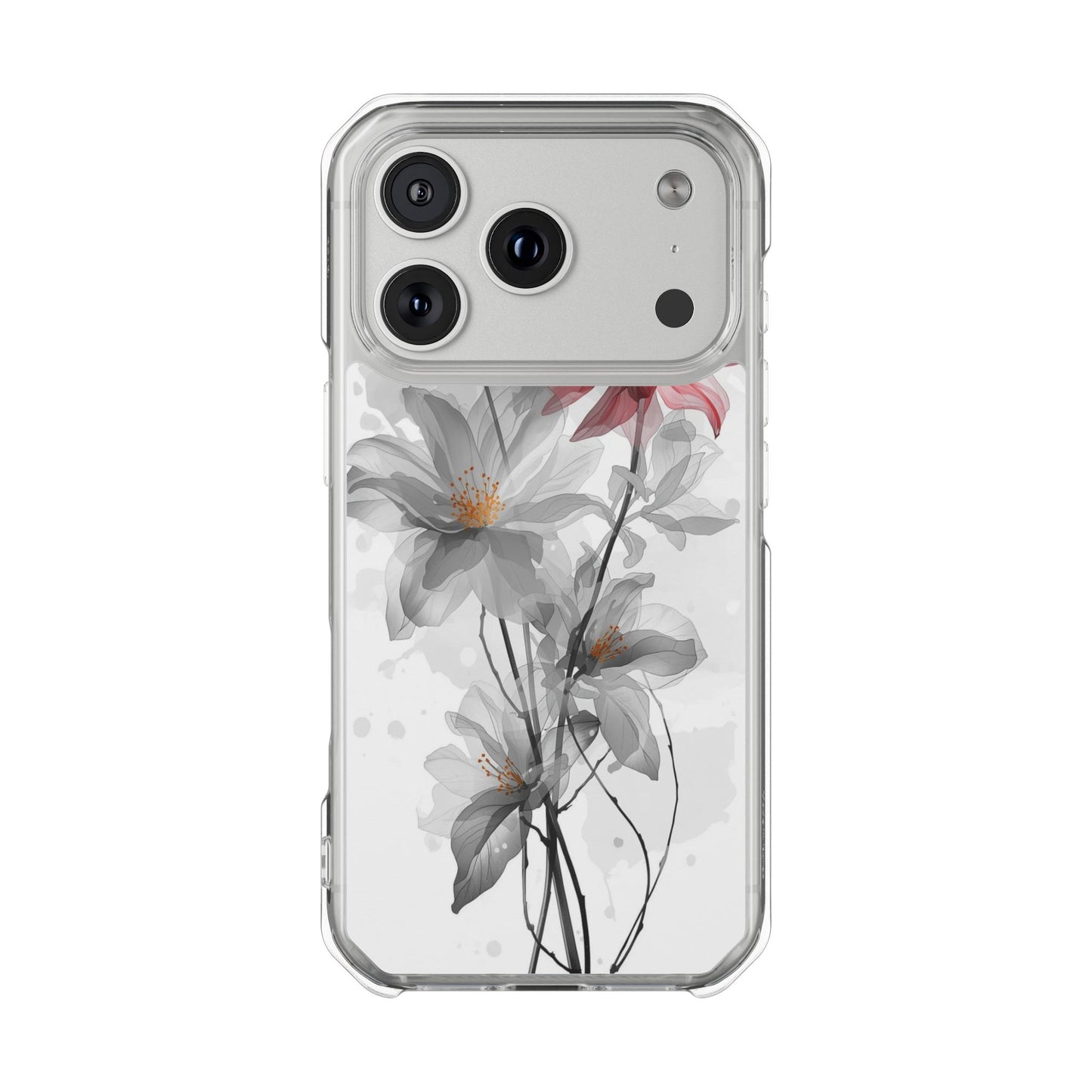 Clear Magnetic Phone Case — Watercolor Pink & Gray Floral Impact Protection
