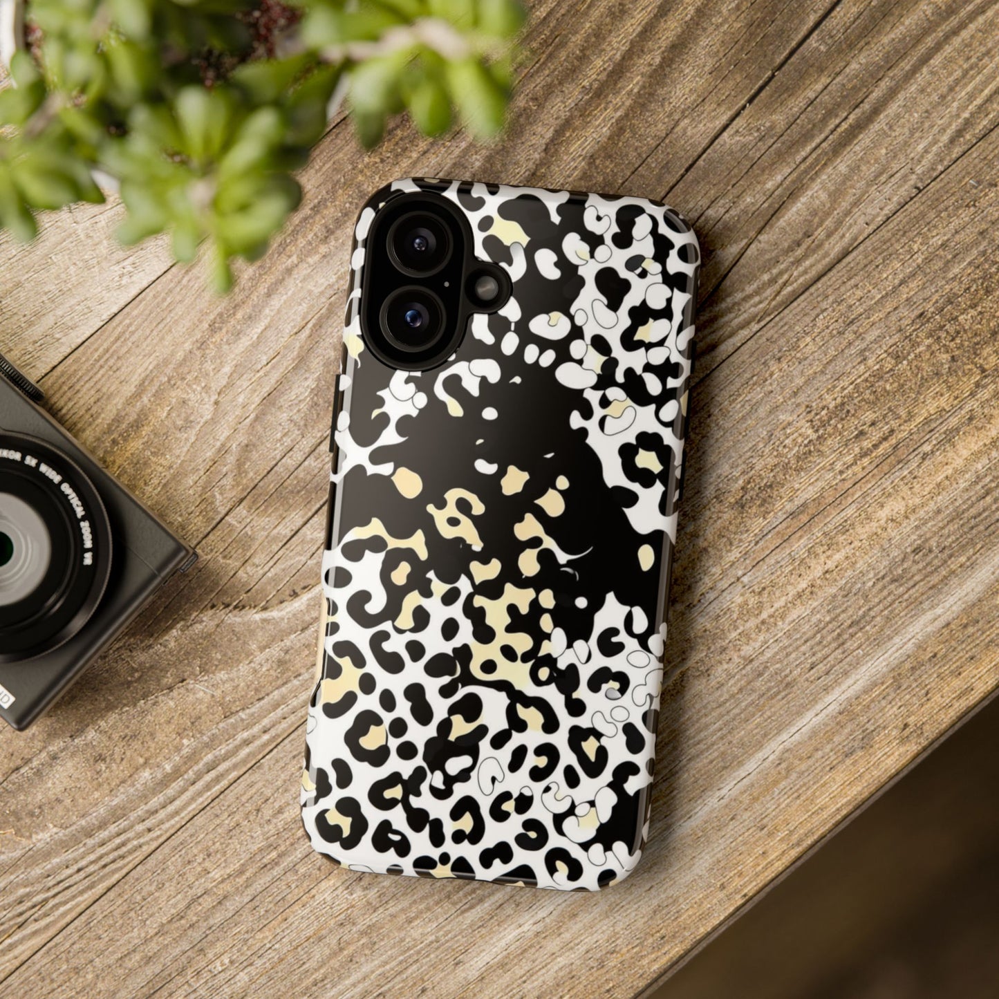 Leopard Splash Tough Phone Case — Black & Cream Animal Print Protective Cover
