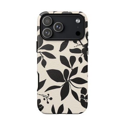 Black Floral Pattern Phone Case — Monochrome Botanical Tough Case