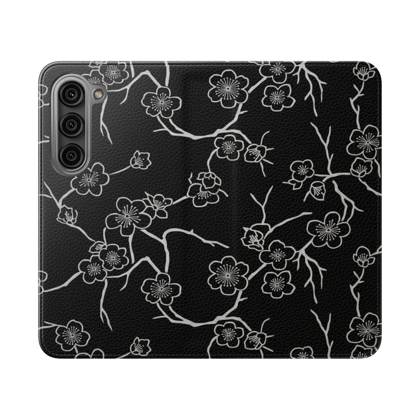 Black Cherry Blossom Flip Phone Case – Floral Wallet Flip Case with Card Slots