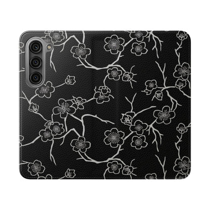 Black Cherry Blossom Flip Phone Case – Floral Wallet Flip Case with Card Slots