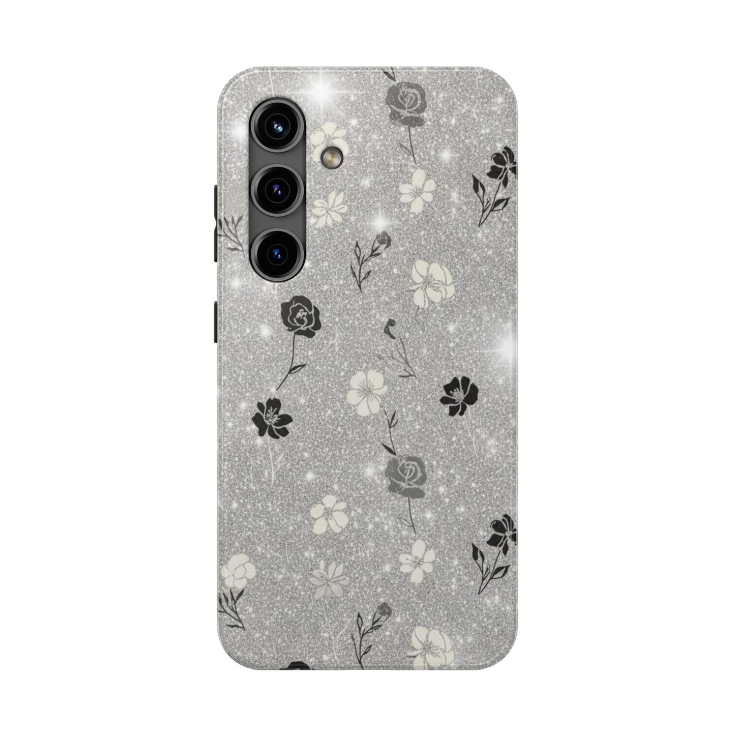 Floral Glitter Tough Phone Case — Black & Silver Vintage Flower Protective Cover