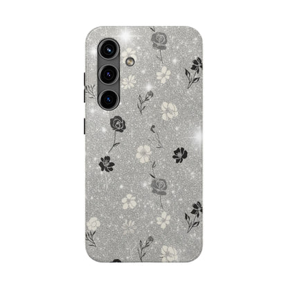 Floral Glitter Tough Phone Case — Black & Silver Vintage Flower Protective Cover