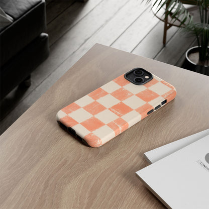 Peach Checkerboard Tough Phone Case — Retro Distressed Grid Design