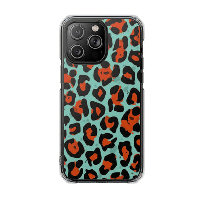 Clear Magnetic Phone Case — Teal & Rust Leopard Print