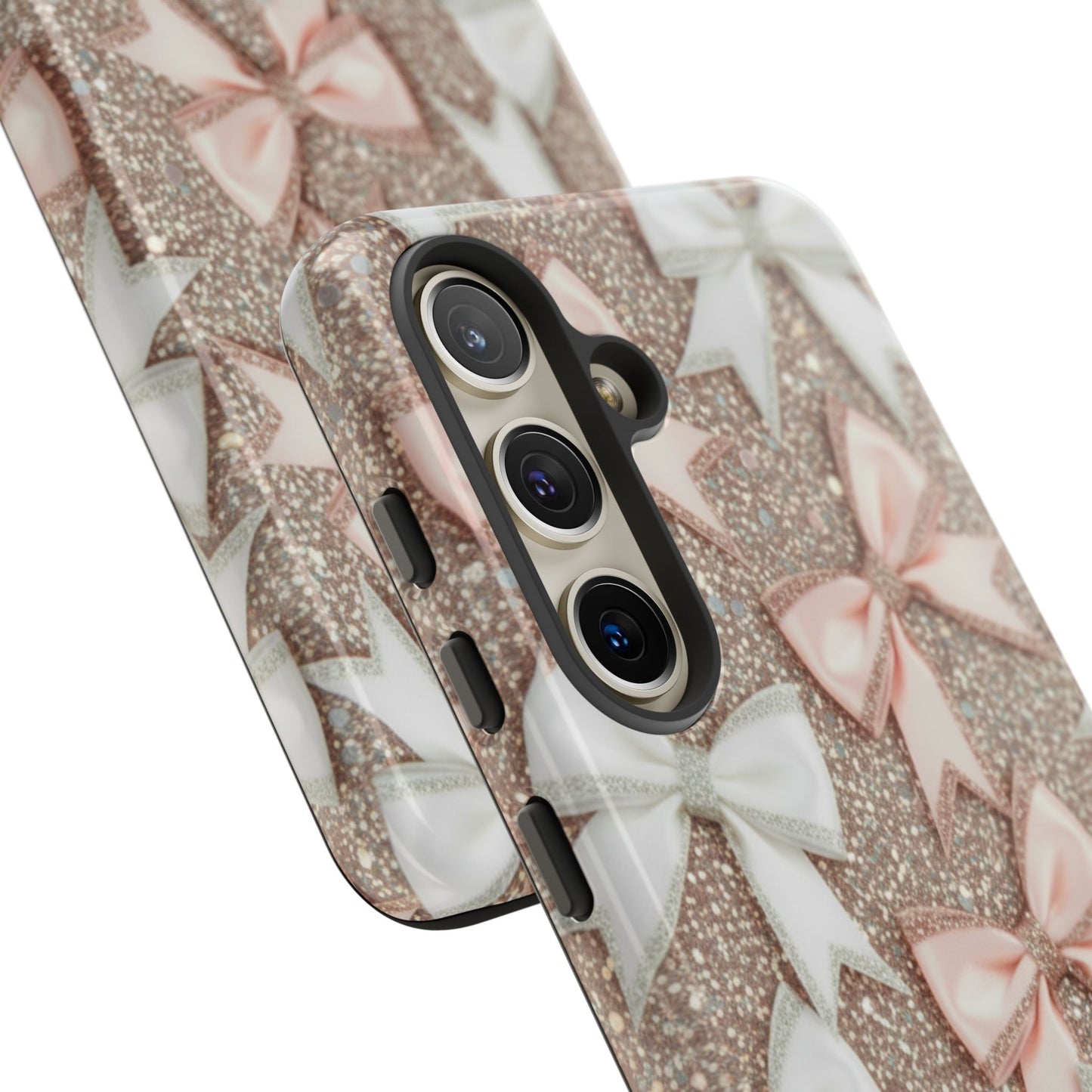 Glitter Bow Tough Phone Case — Pink & White Ribbon Protective Cover