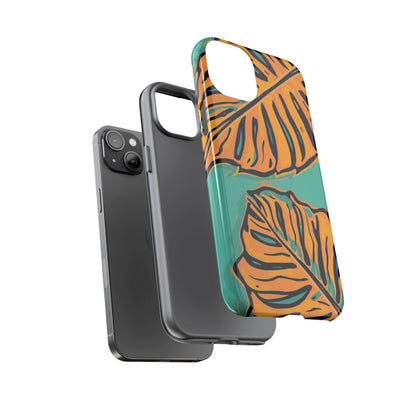 Tropical Leaf Tough Phone Case — Orange Monstera Design on Teal