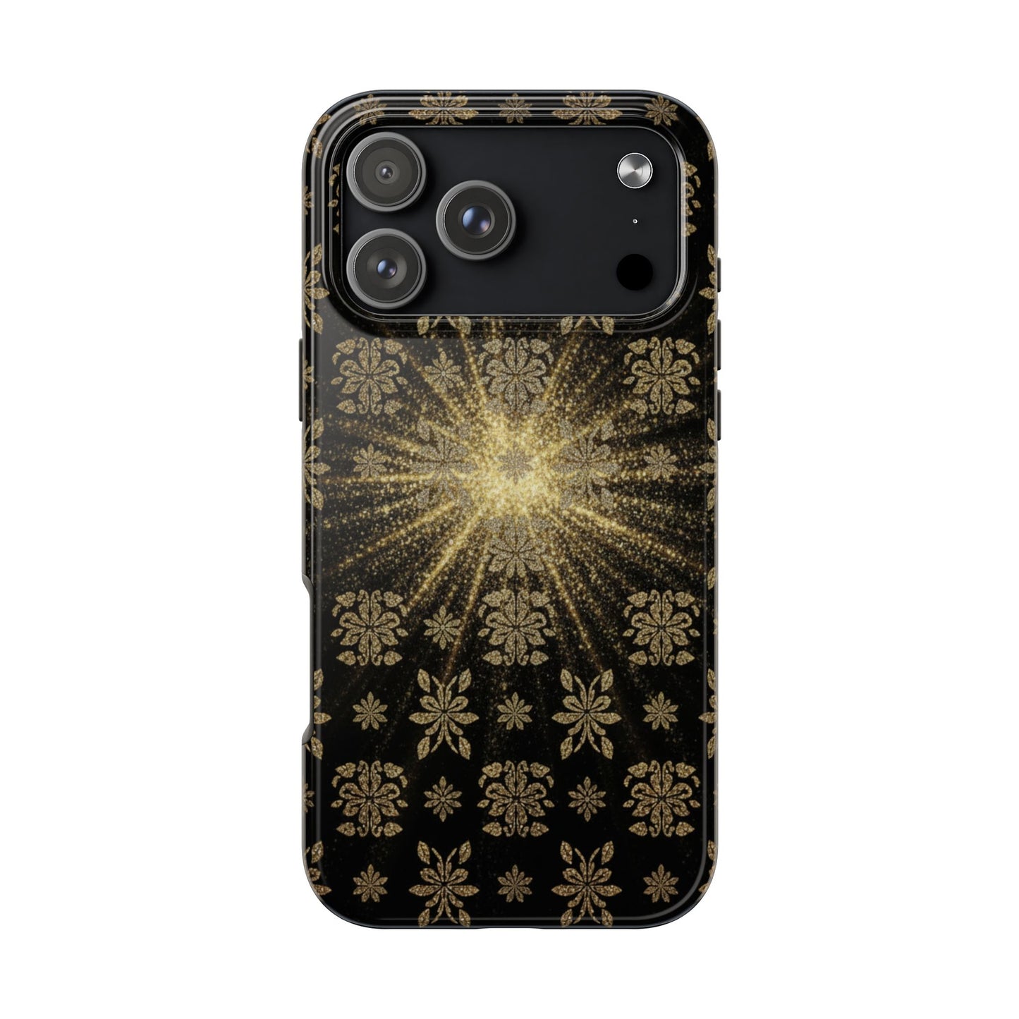 Glitter Burst Tough Phone Case — Black & Gold Floral Protective Cover