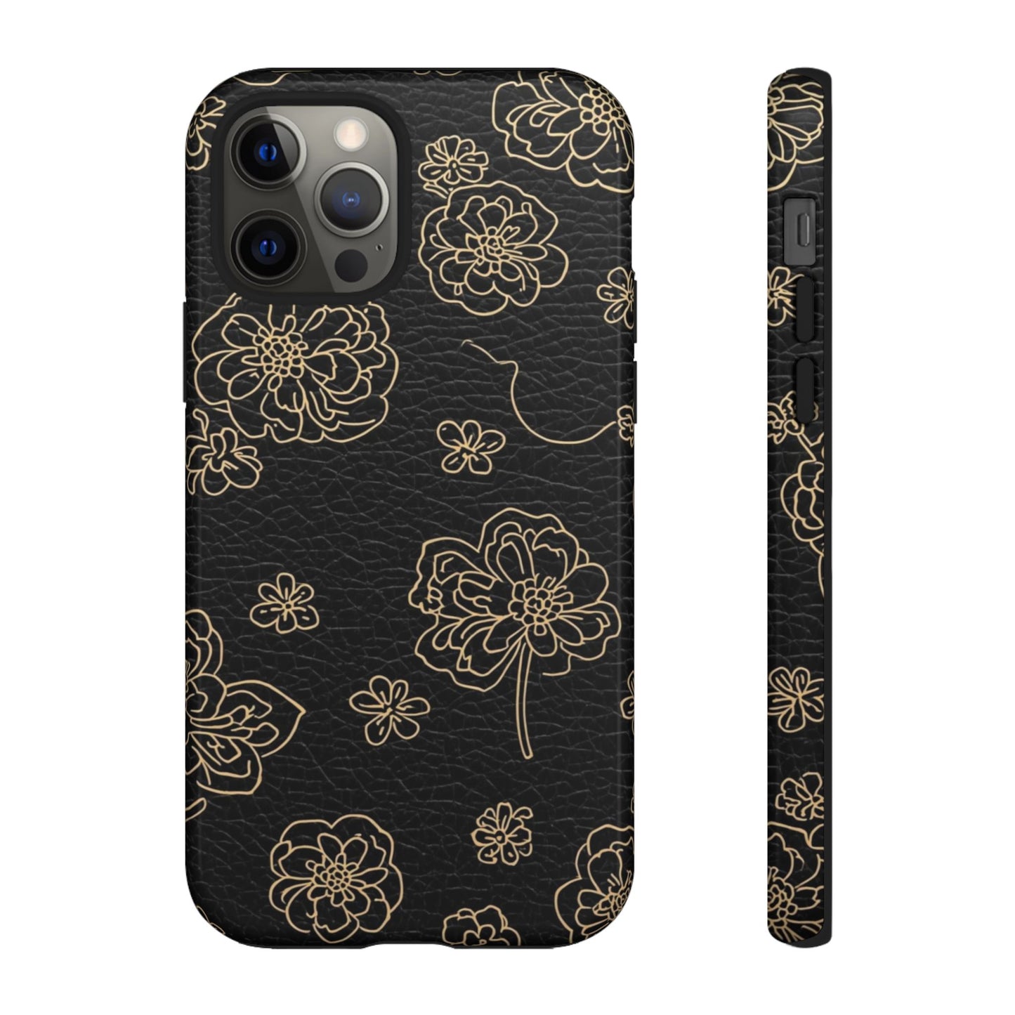 Floral Leather-Texture Tough Case – Black Gold Outline Phone Cover