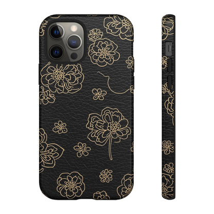 Floral Leather-Texture Tough Case – Black Gold Outline Phone Cover