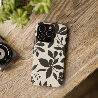 Black Floral Pattern Phone Case — Monochrome Botanical Tough Case