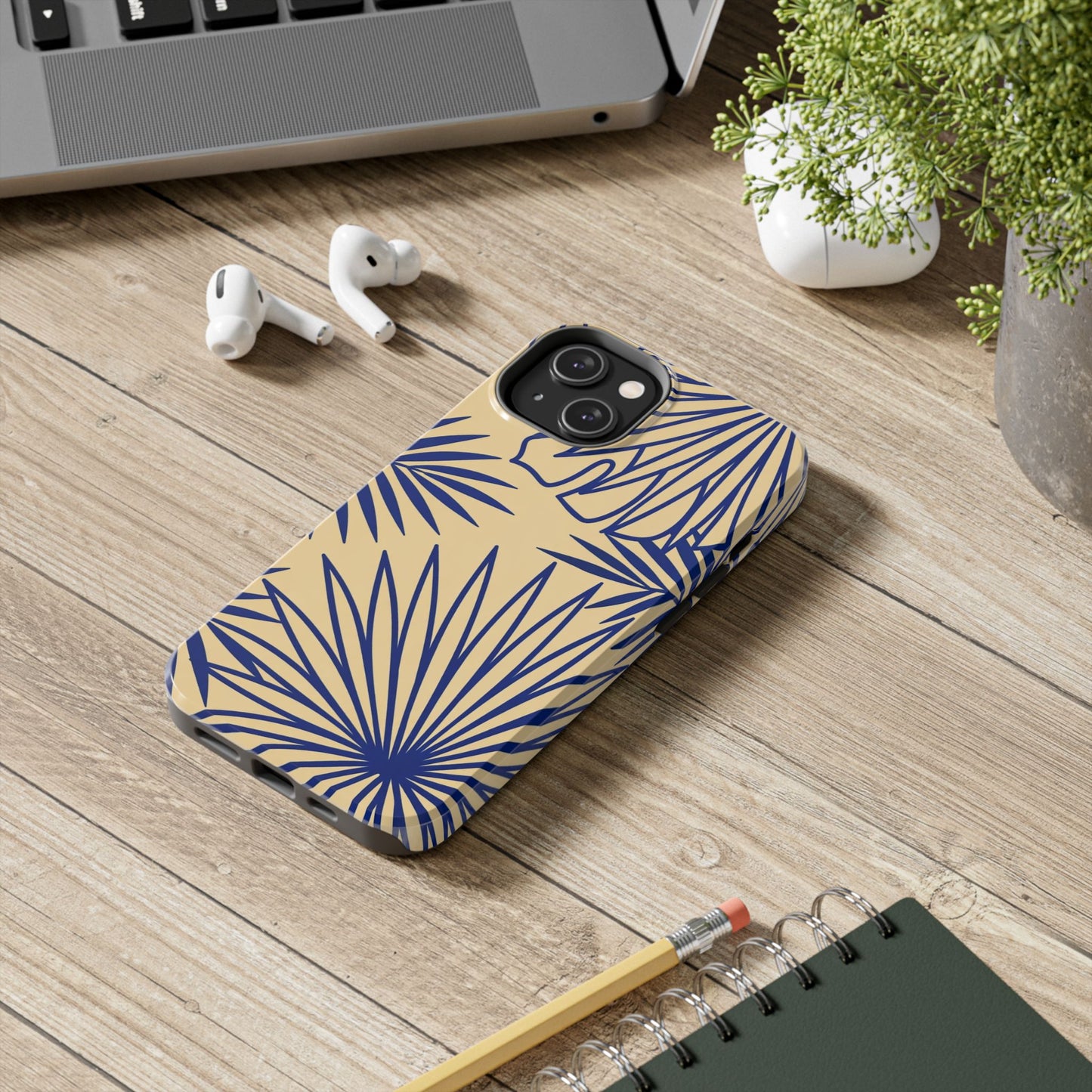 Tropical Palm Pattern Tough Phone Case — Navy Blue Fan Leaves on Sand