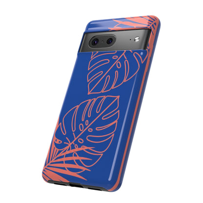 Tropical Monstera Phone Case — Blue & Coral Leaf Protective Cover