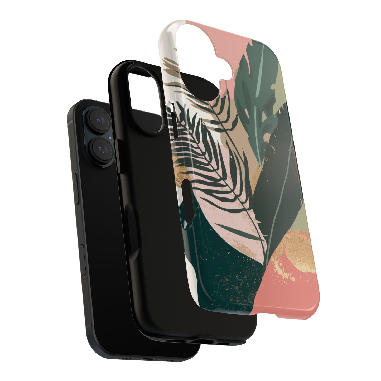 Tropical Leaf Tough Phone Case — Abstract Pink & Green Botanical Protective Cover
