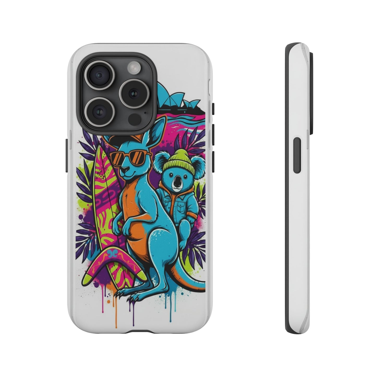 Kangaroo & Koala Surf Phone Case — Retro Neon Beach Art Tough Case