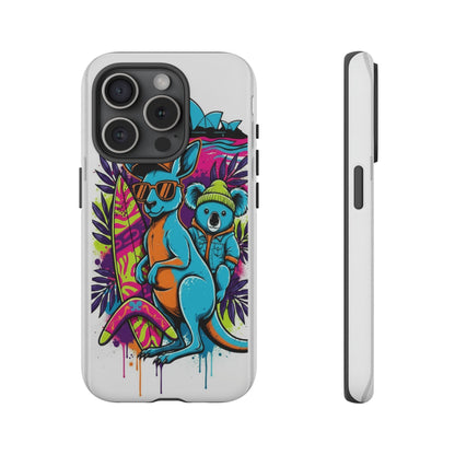 Kangaroo & Koala Surf Phone Case — Retro Neon Beach Art Tough Case