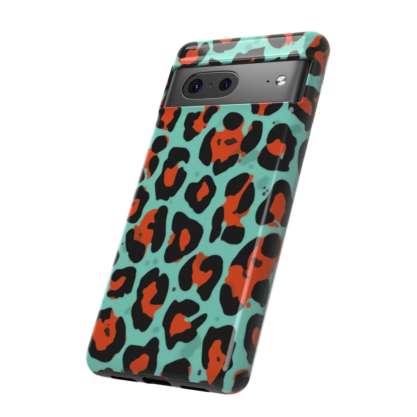 Leopard Print Tough Phone Case — Teal & Rust Protective iPhone Cover