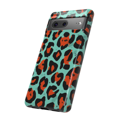 Leopard Print Tough Phone Case — Teal & Rust Protective iPhone Cover
