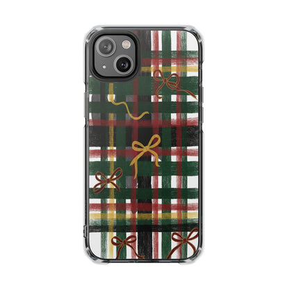 Phone Case - Festive Plaid with Gold Bows Clear Magnetic Impact Case