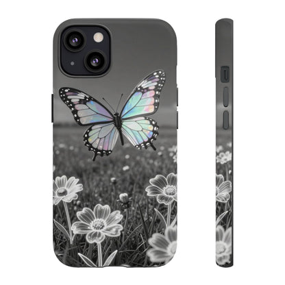 Butterfly Field Tough Phone Case — Pastel Holographic Butterfly on Black & White Floral Background
