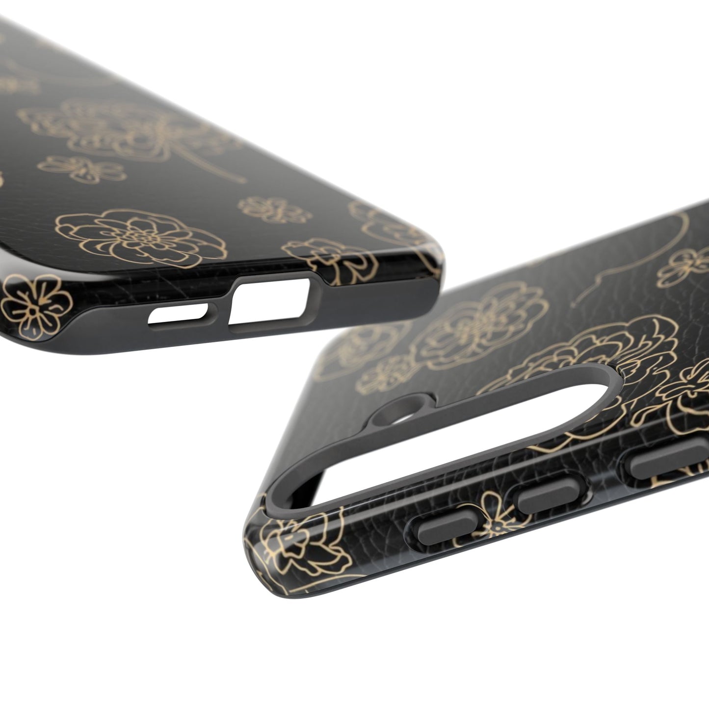 Floral Leather-Texture Tough Case – Black Gold Outline Phone Cover