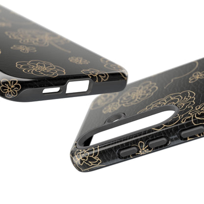 Floral Leather-Texture Tough Case – Black Gold Outline Phone Cover