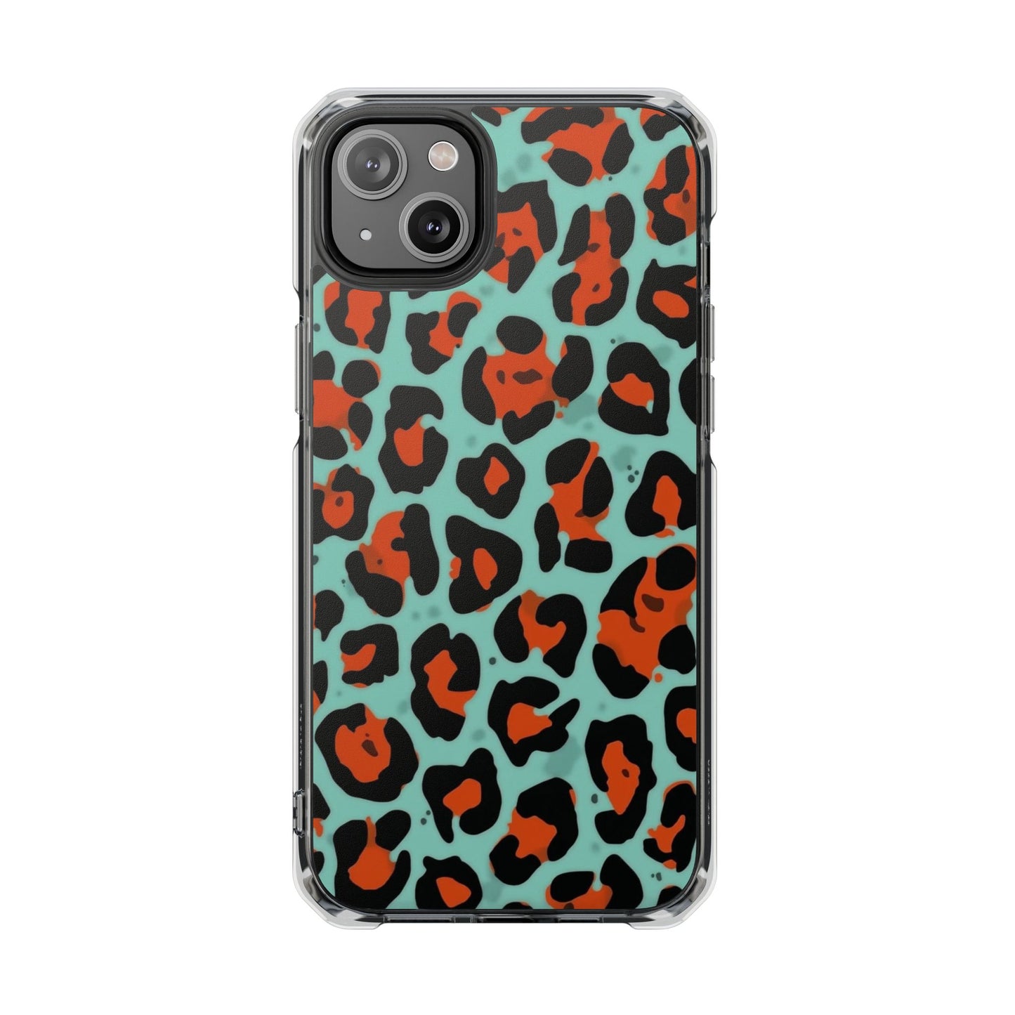 Clear Magnetic Phone Case — Teal & Rust Leopard Print