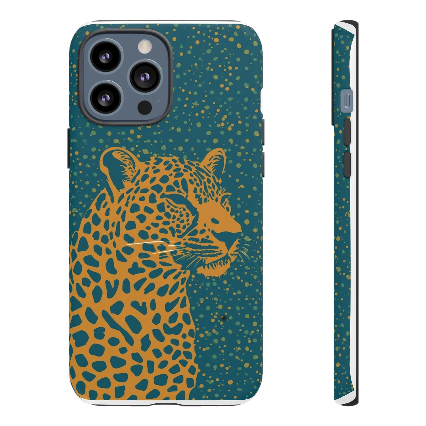 Leopard Spotlight Phone Case — Teal Gold Animal Print Protective Cover