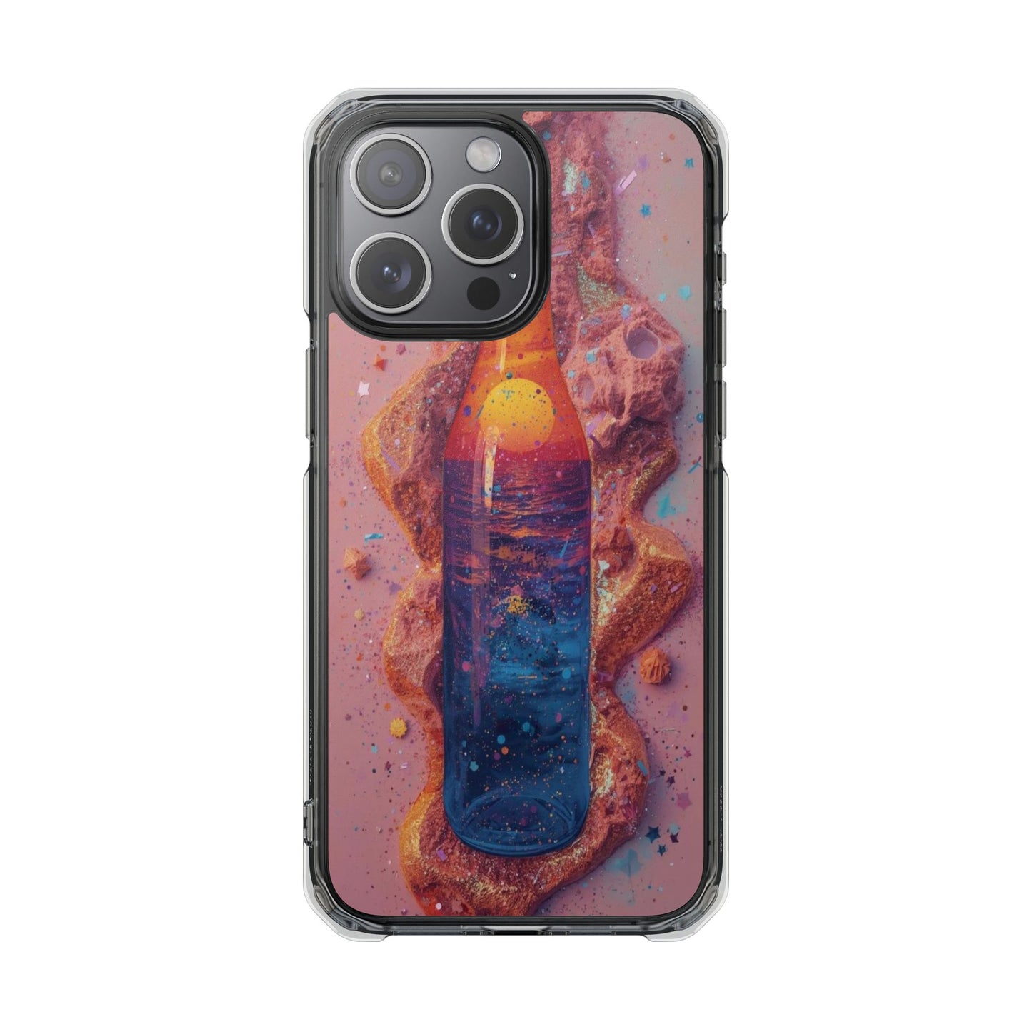 Clear Magnetic Phone Case — Cosmic Bottle Sunset Design