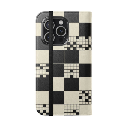 Checkerboard Flip Phone Case – Retro Black & Cream Geometric Wallet Case