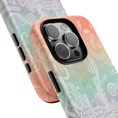 Tough Cases: Pastel Beach Pattern Phone Case — Starfish & Coastal Cityscape Protective Cover