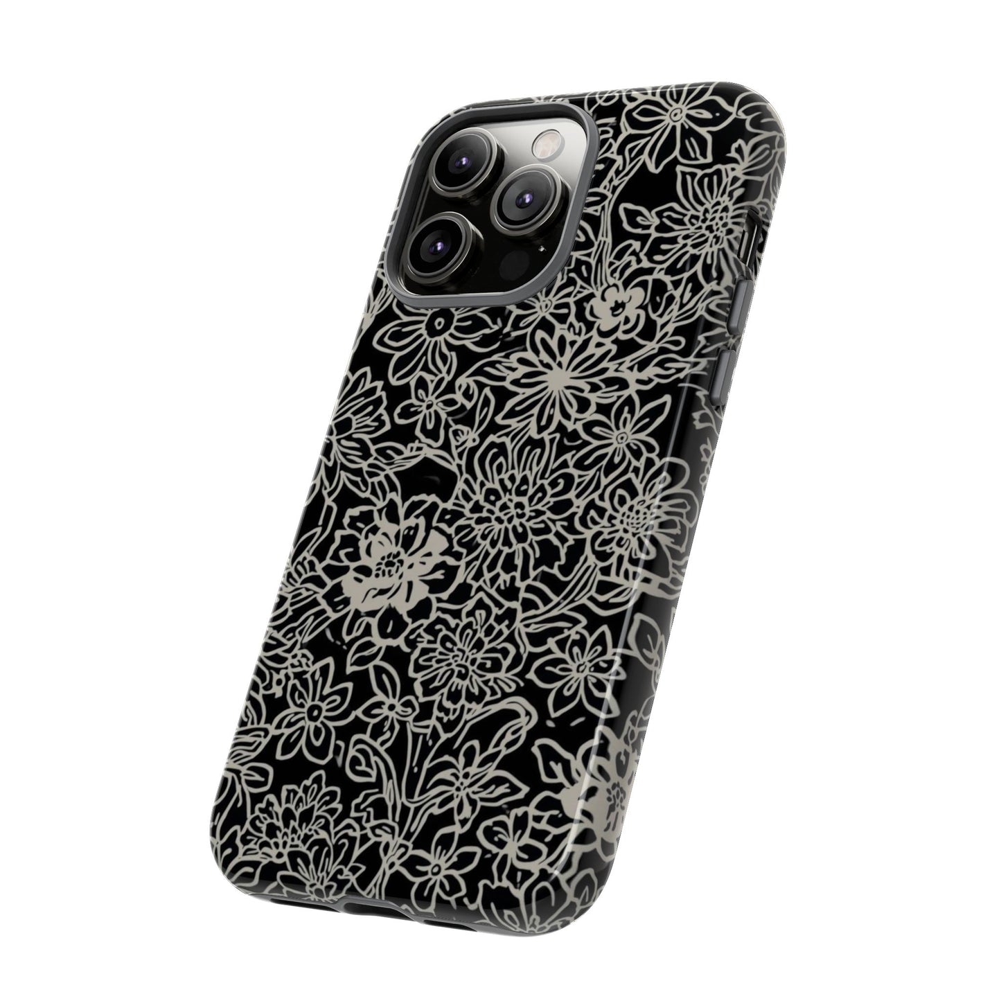 Floral Doodle Tough Phone Case — Black & White Sketch Flower Protective Cover