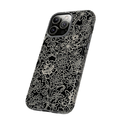 Floral Doodle Tough Phone Case — Black & White Sketch Flower Protective Cover