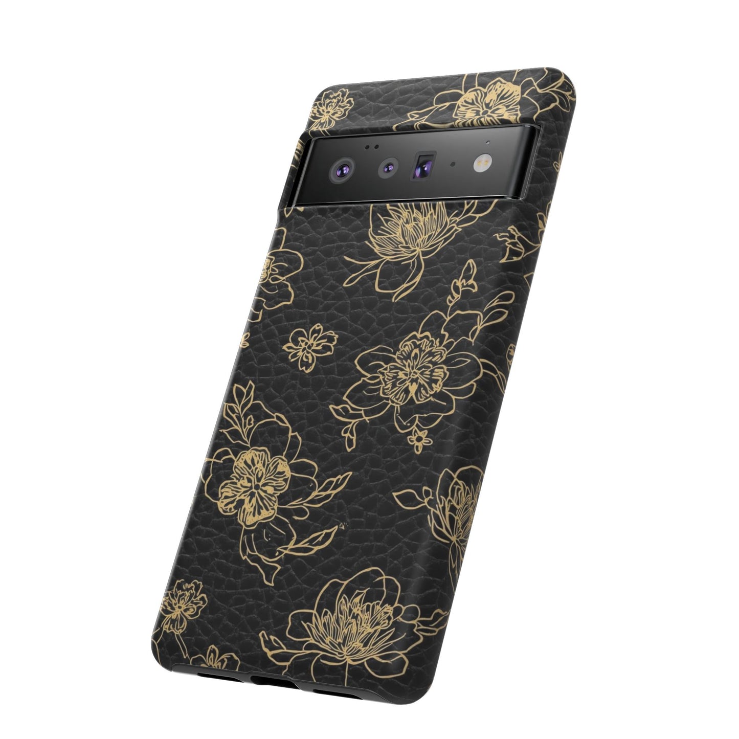 Floral Leather Phone Case — Gold Outline Flowers on Black Tough Case