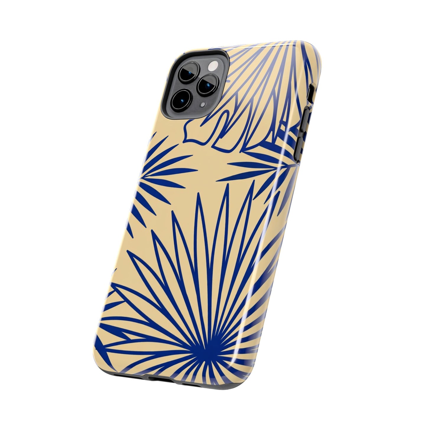 Tropical Palm Pattern Tough Phone Case — Navy Blue Fan Leaves on Sand