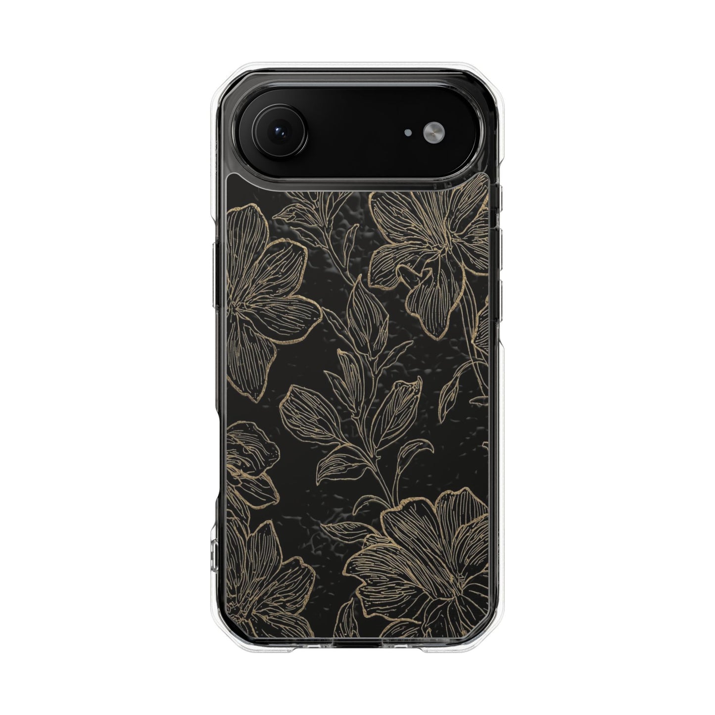 Floral Sketch Magnetic Clear Phone Case — Black & Gold Botanical Impact Case