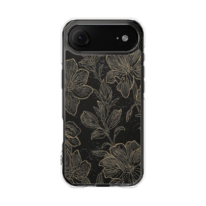 Floral Sketch Magnetic Clear Phone Case — Black & Gold Botanical Impact Case
