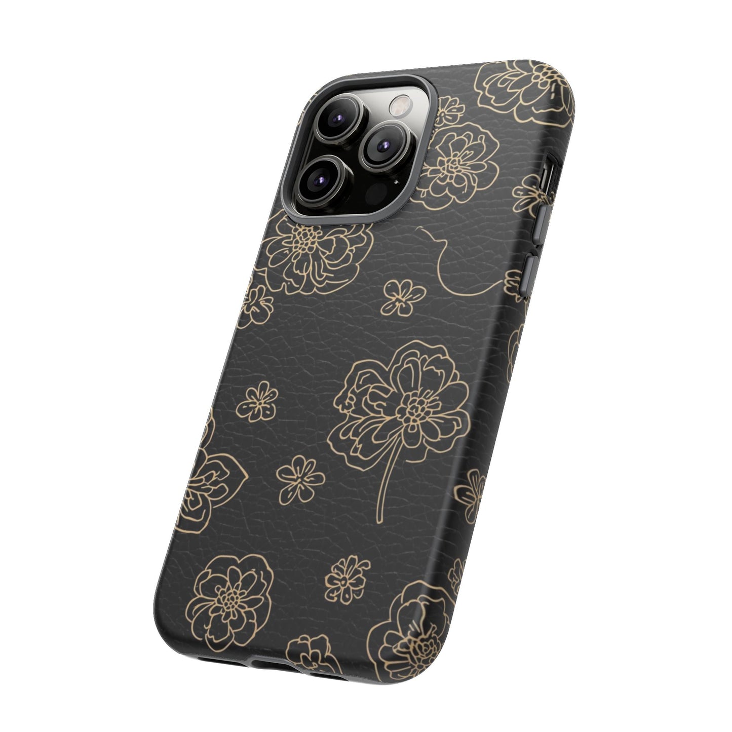 Floral Leather-Texture Tough Case – Black Gold Outline Phone Cover