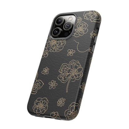 Floral Leather-Texture Tough Case – Black Gold Outline Phone Cover