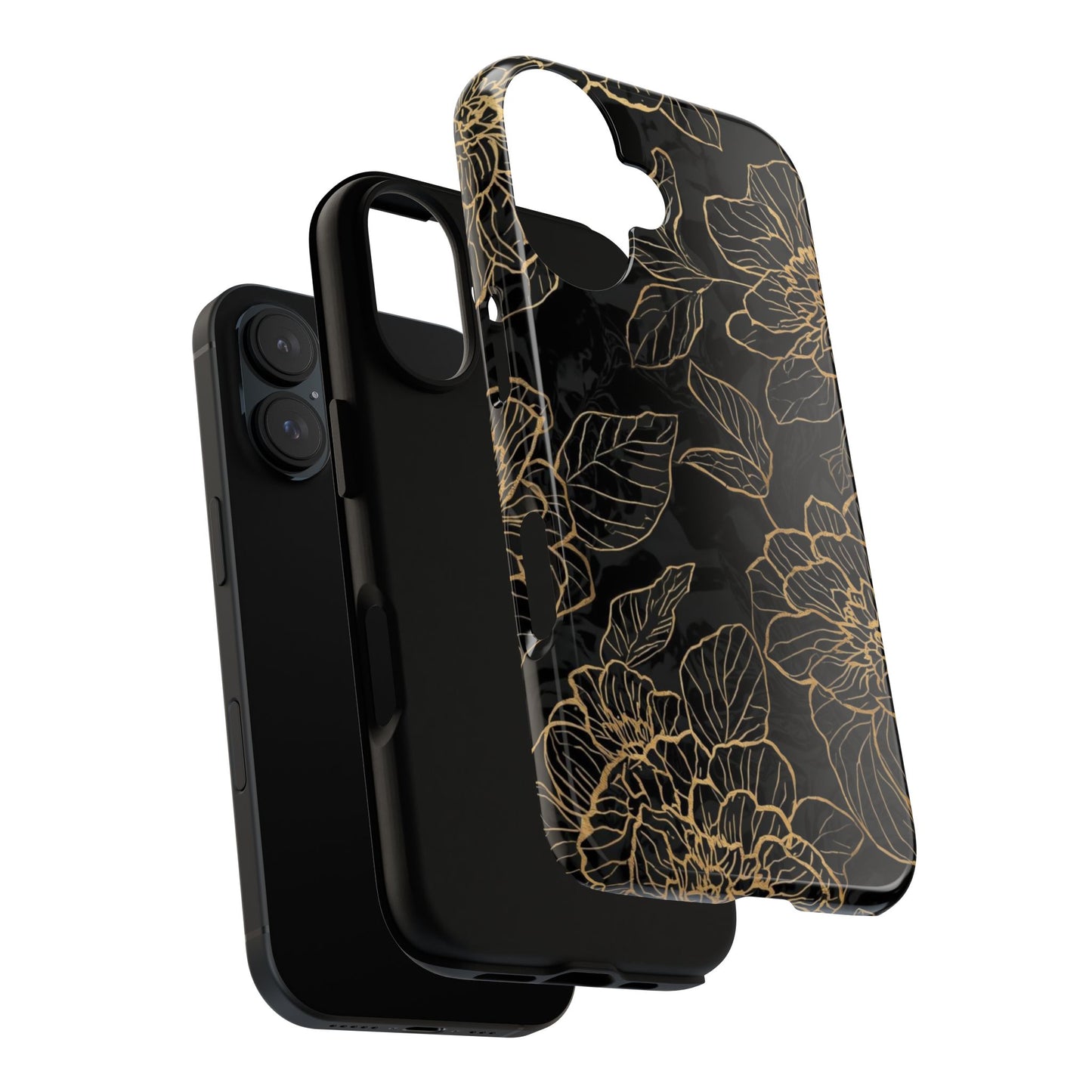 Floral Gold Outline Tough Phone Case – Black Botanical Protective Cover