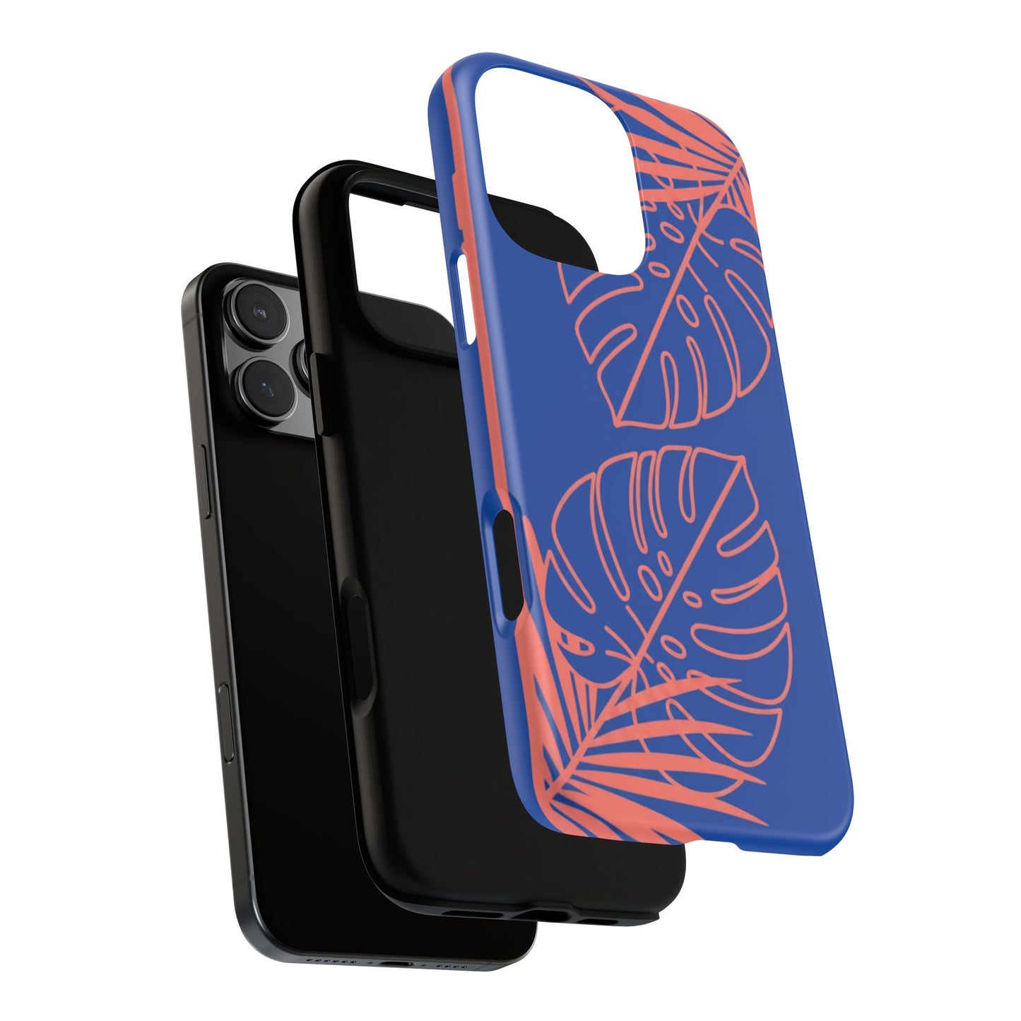 Tropical Monstera Phone Case — Blue & Coral Leaf Protective Cover