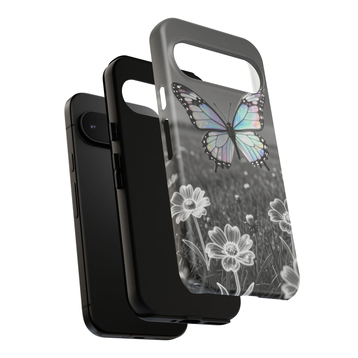 Butterfly Field Tough Phone Case — Pastel Holographic Butterfly on Black & White Floral Background