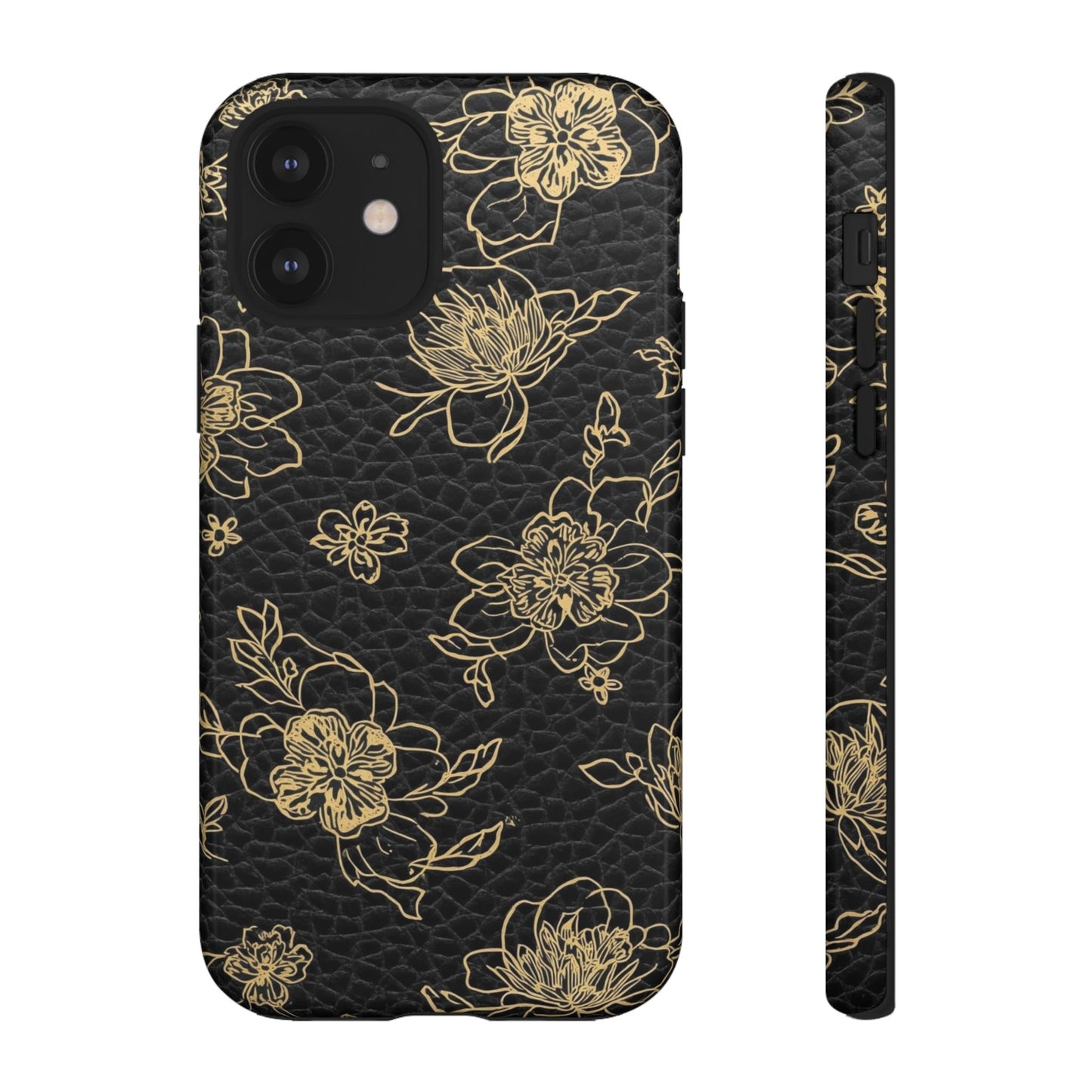 Floral Leather Phone Case — Gold Outline Flowers on Black Tough Case
