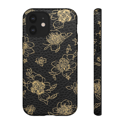 Floral Leather Phone Case — Gold Outline Flowers on Black Tough Case