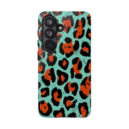 Leopard Print Tough Phone Case — Teal & Rust Protective iPhone Cover