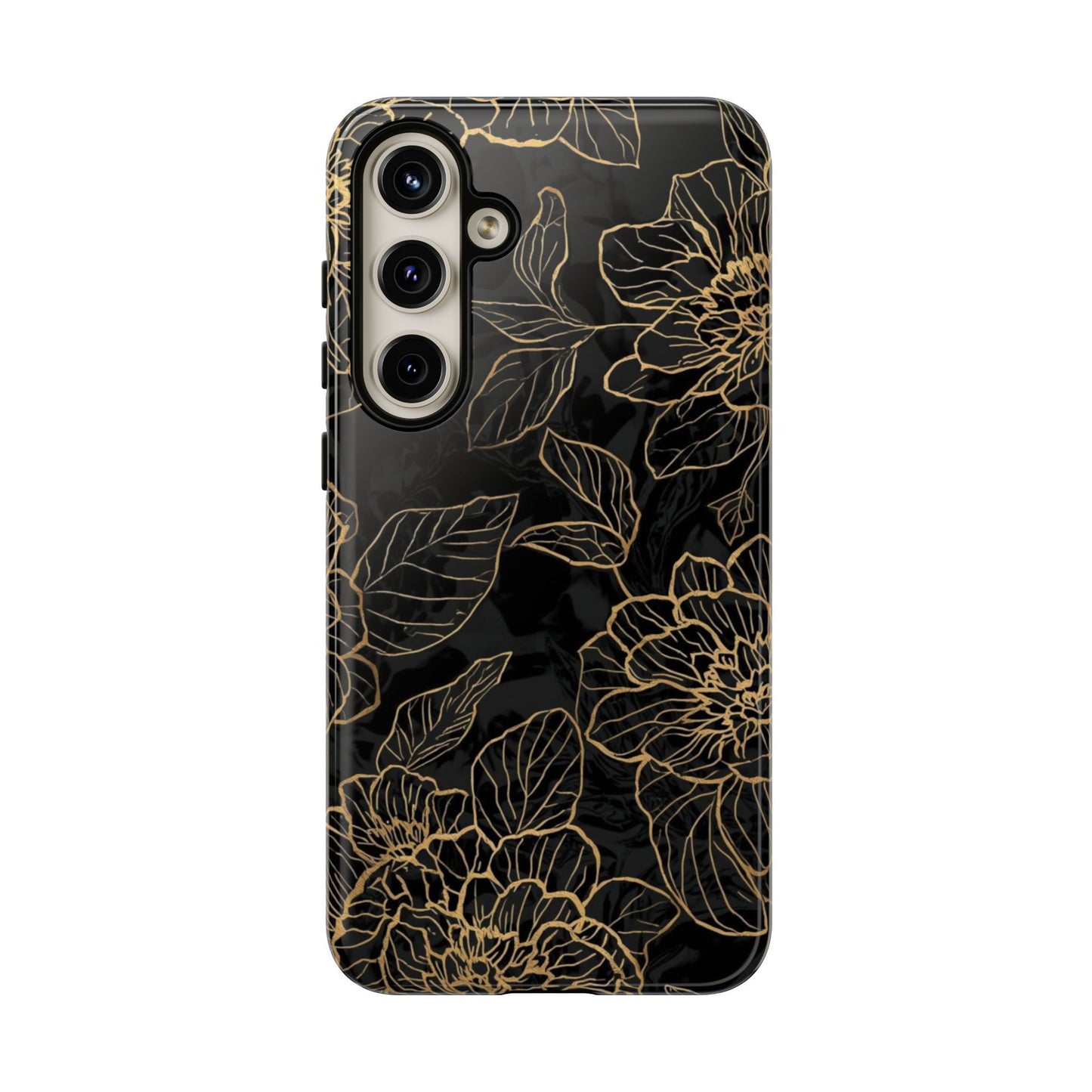 Floral Gold Outline Tough Phone Case – Black Botanical Protective Cover