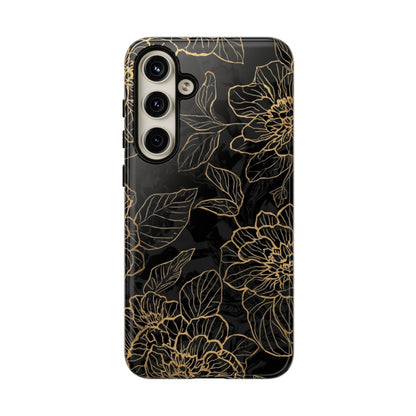 Floral Gold Outline Tough Phone Case – Black Botanical Protective Cover